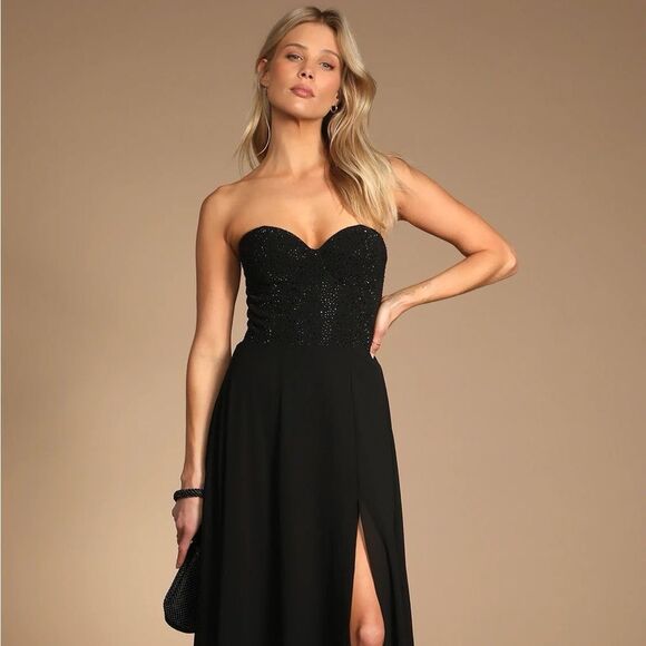 Lulus Remember This Moment Black Rhinestone Strapless Maxi Dress Size Medium NEW - Picture 6 of 12